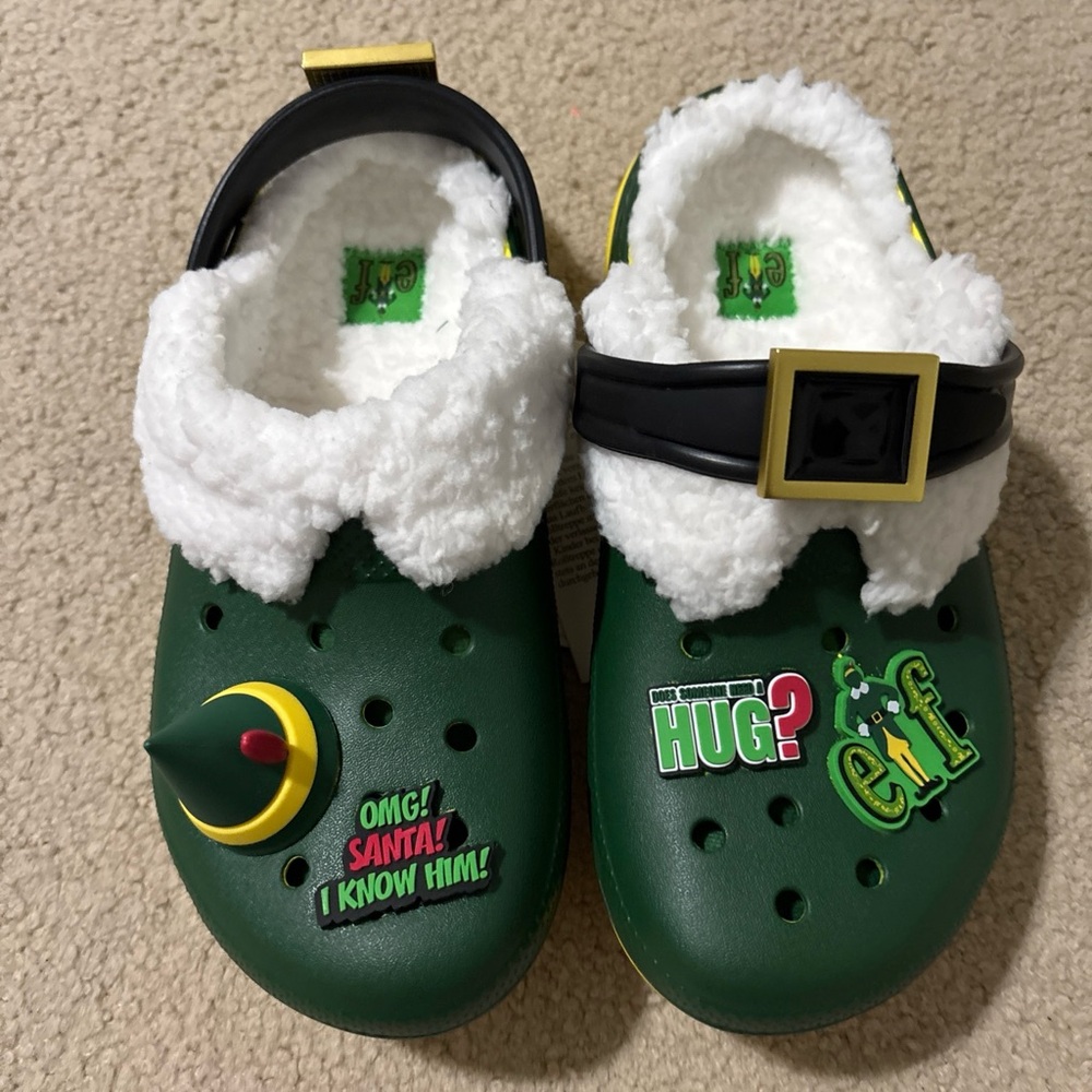 Crocs Buddy The Elf Kids Size 3 Fleece Lined Christmas Clogs Mules Shoes Green - Picture 4 of 11